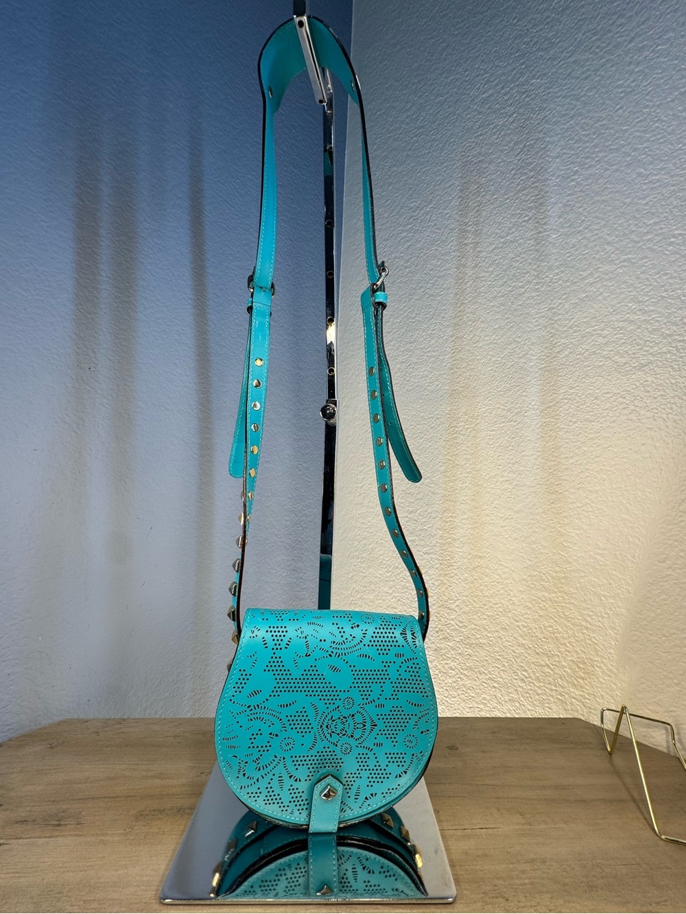Rebecca Minkoff Turquoise Laser Cut Leather Studded Crossbody Bag Purse
